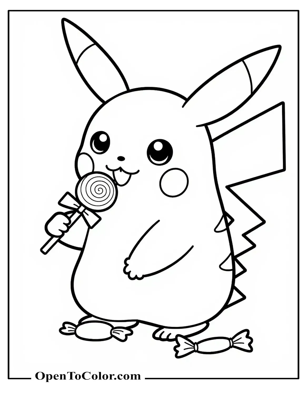 Printable Coloring Sheet of Pikachu Licking a Lollipop with a Bow on the Stick and Candy Wrappers Nearby