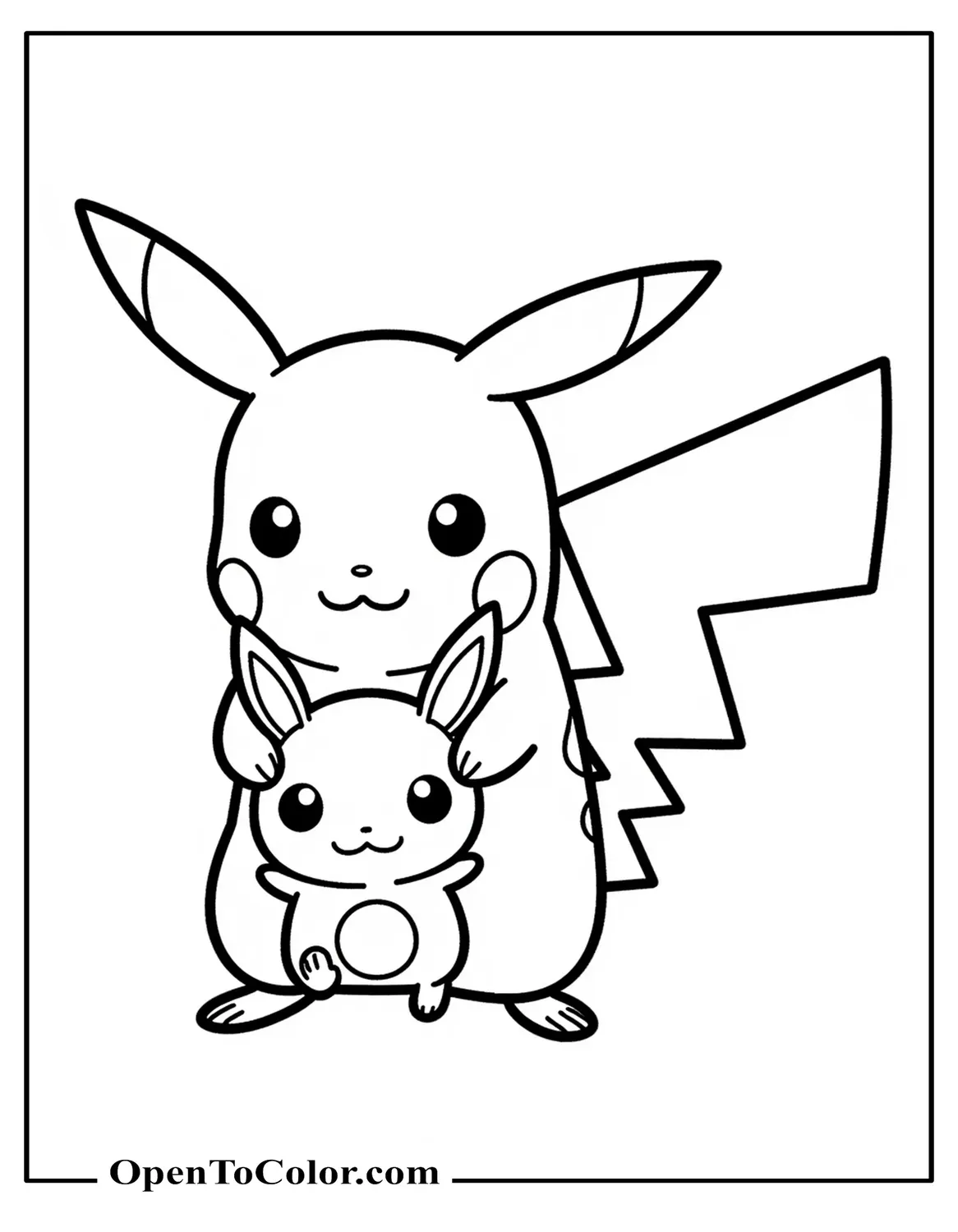 Pikachu holding a Pichu plush with a Raichu tail emblem behind, coloring page PDF.