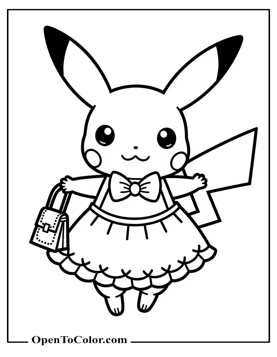 Free Coloring Page of Pikachu Wearing a Bow and Frilly Skirt Holding a Small Handbag