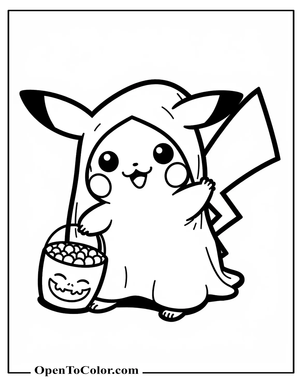 Free Coloring Sheet of Pikachu Under a Ghost Sheet Holding a Candy Bucket