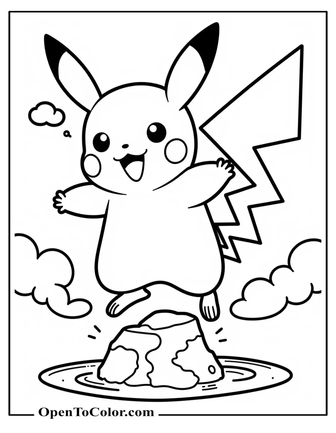 Pikachu mid jump over a small rock motion lines and cloud puffs coloring page PDF