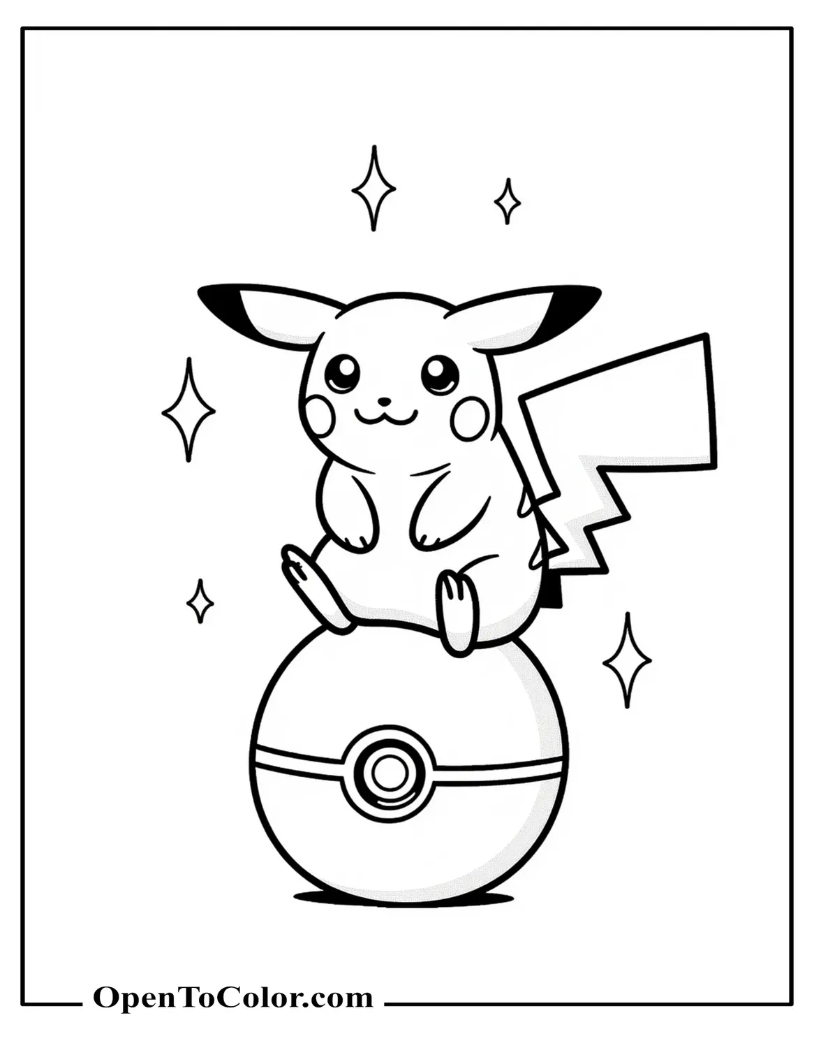 Free Coloring Sheet of Pikachu Sitting on a Pokeball with Sparkles Around