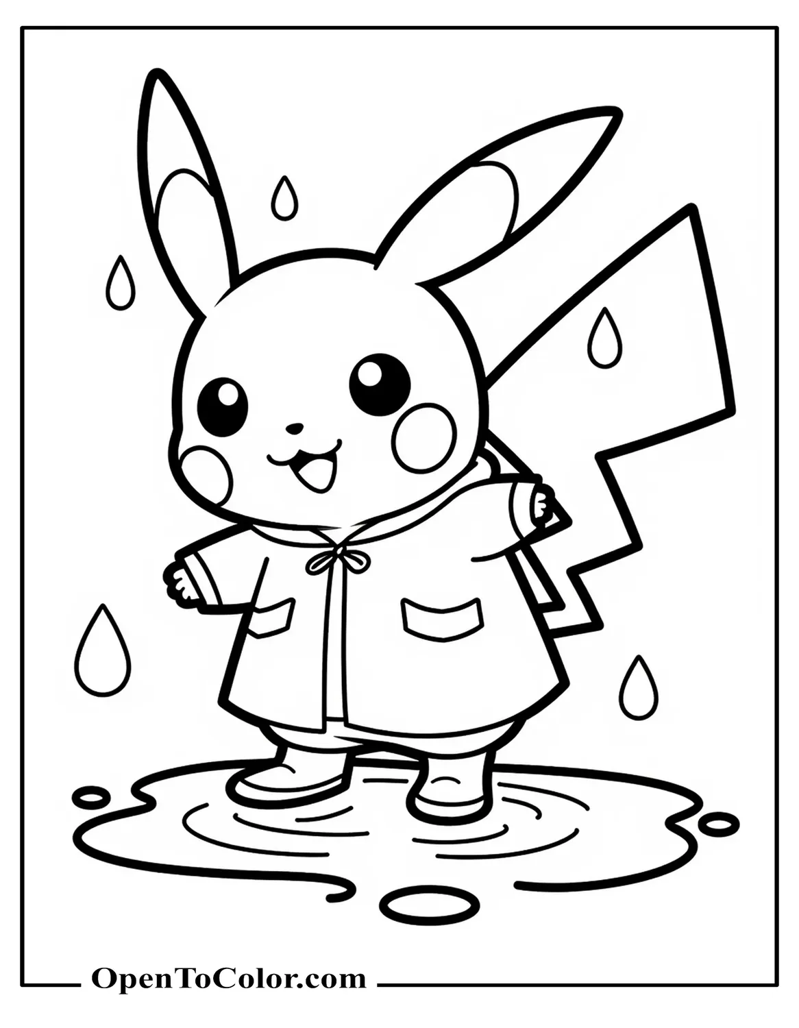 Pikachu in a raincoat and boots splashing in a puddle with raindrops, printable coloring sheet.