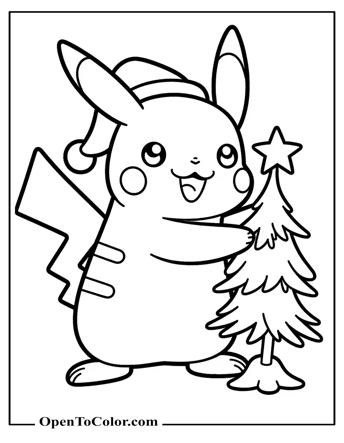 Free Coloring Page of Pikachu Wearing a Santa Hat Decorating a Small Pine with a Star