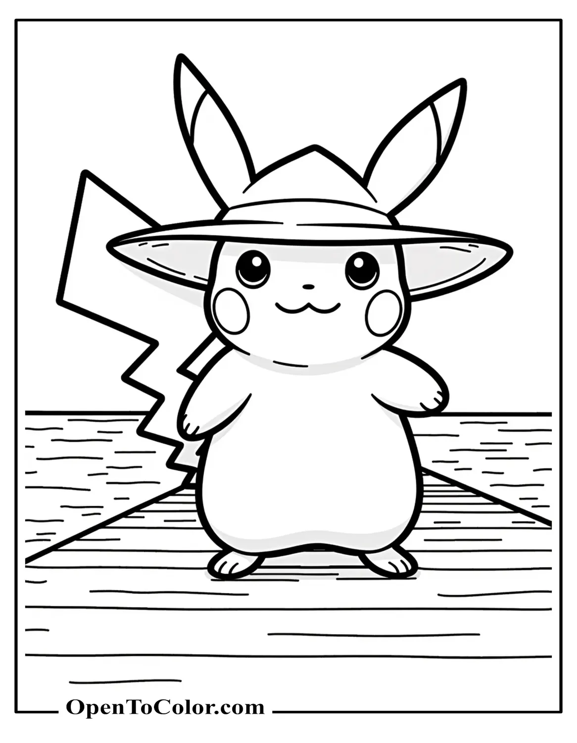 Pikachu wearing a wide brim hat tipped forward standing on a boardwalk coloring sheet PDF.