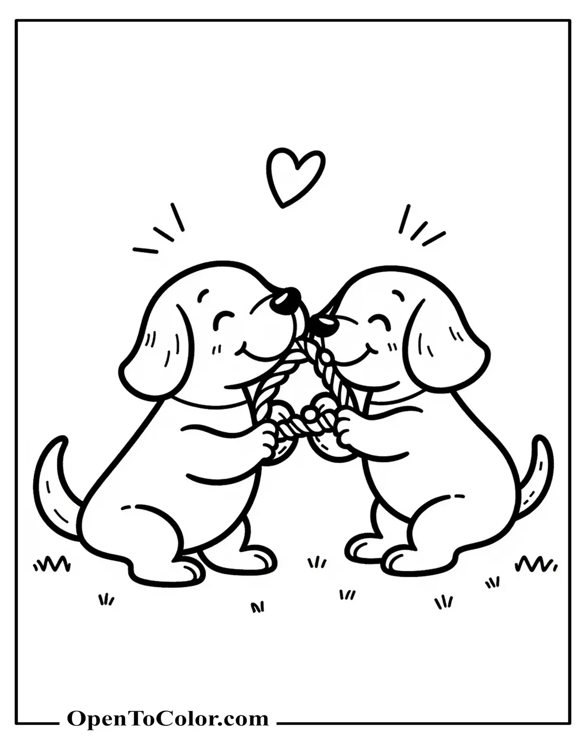 Free Coloring Sheet: Two Beagle Puppies Tugging a Rope Toy, Playful Motion Lines and a Small Heart Above