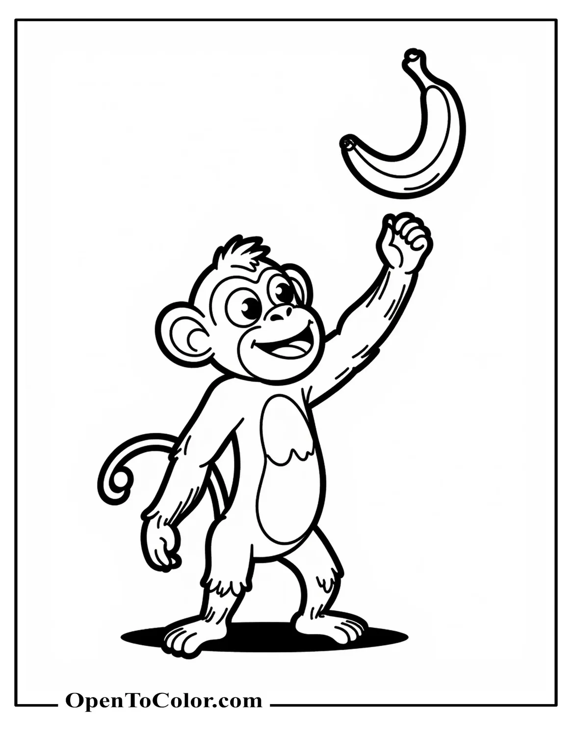 Coloring Page PDF of a Playful Cartoon Chimpanzee Tossing a Banana Upward