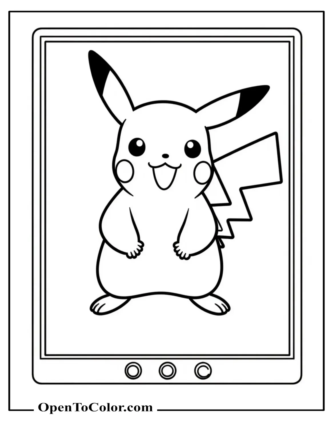 Pikachu inside a Pokedex style screen frame with small button icons, coloring page PDF.