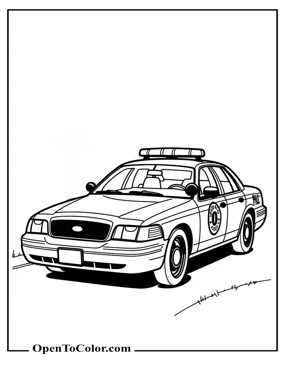Free Coloring Page of Police Cruiser Front View with Light Bar Parked Beside a Small Precinct Sign