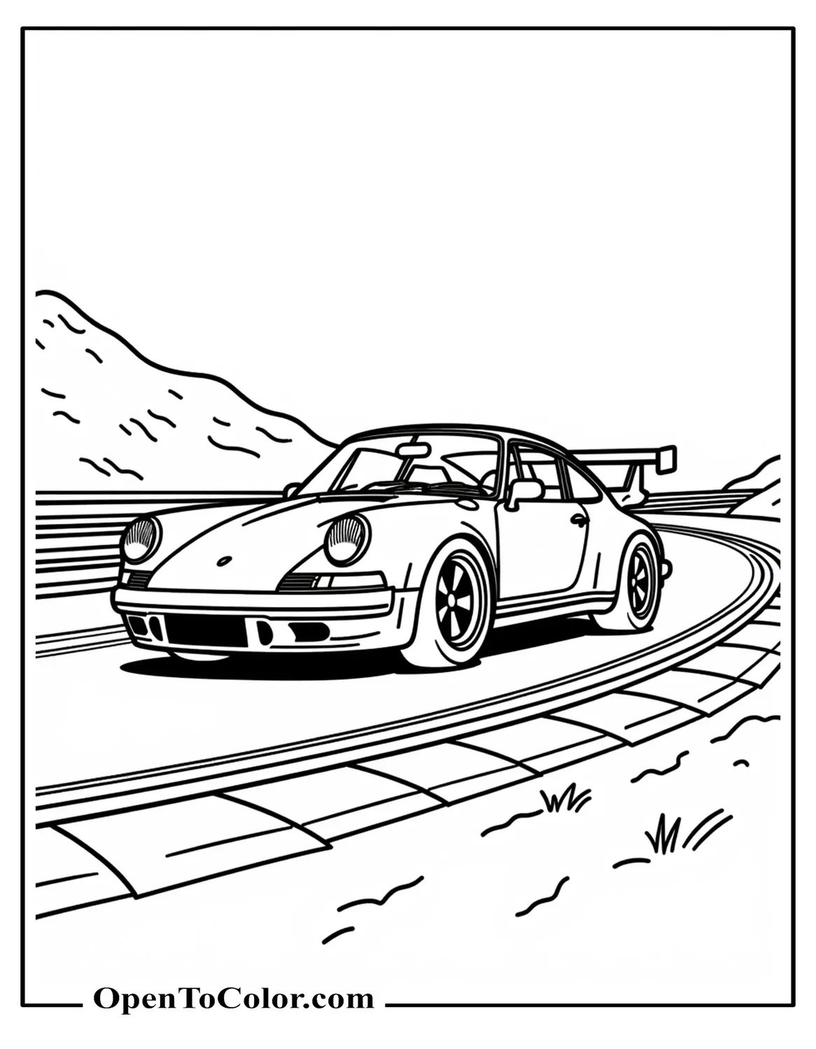 Porsche 911 Carrera with a Ducktail Spoiler at a Track Apex Coloring Sheet PDF