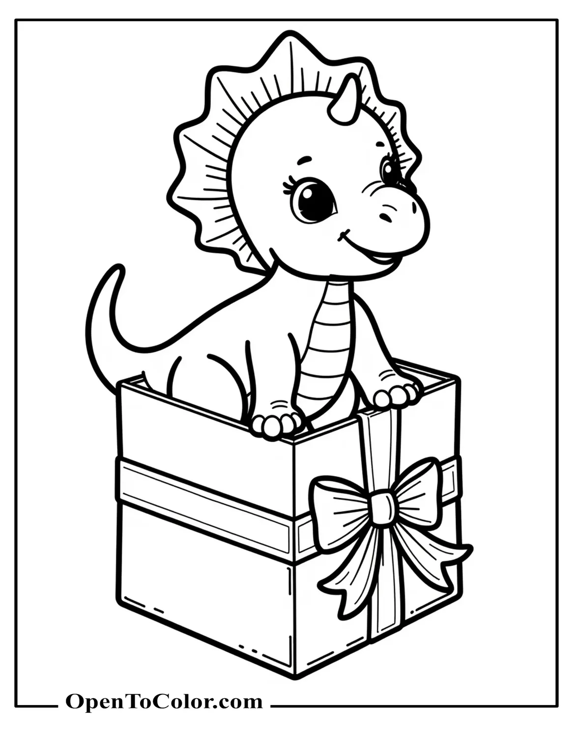 Printable Coloring Page of a Baby Triceratops Inside a Gift Box with a Ribbon Bow
