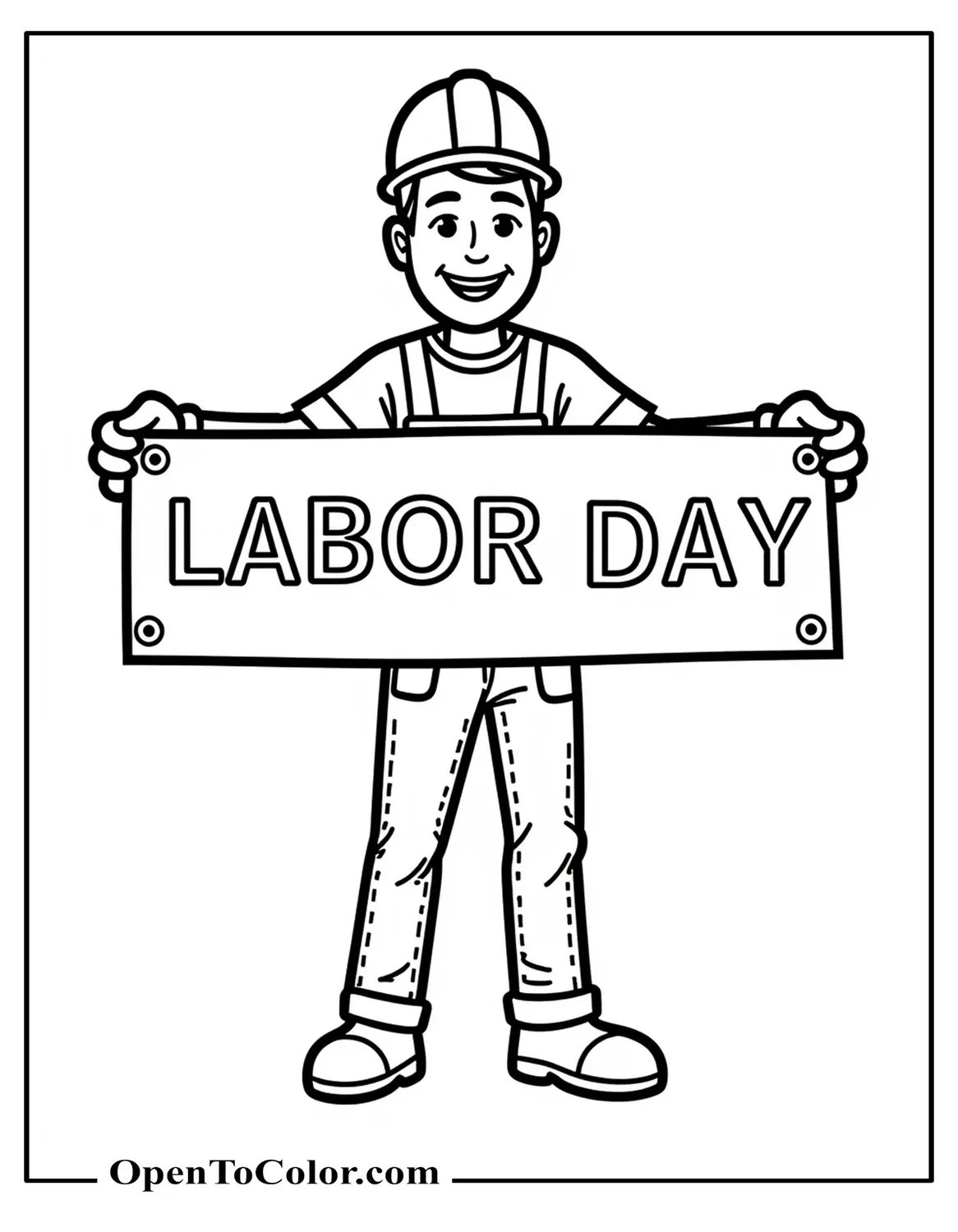 Free Coloring Page of a Smiling Construction Worker Holding a Large “Labor Day” Banner