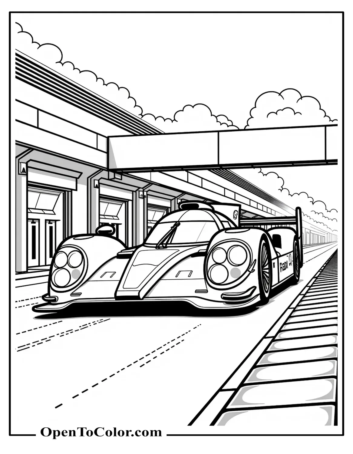 Printable Coloring Page of Le Mans Prototype Racing Past Pit Wall with Striped Curbs