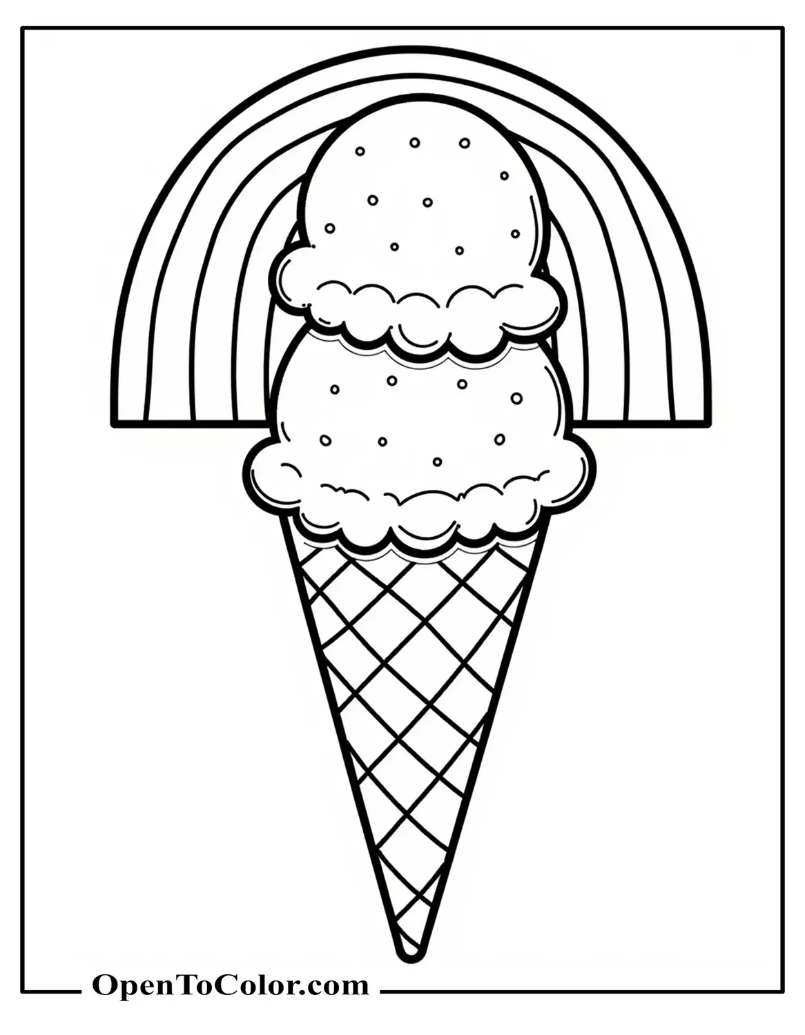 Double-scoop ice cream cone coloring page under a simple rainbow outline, printable.