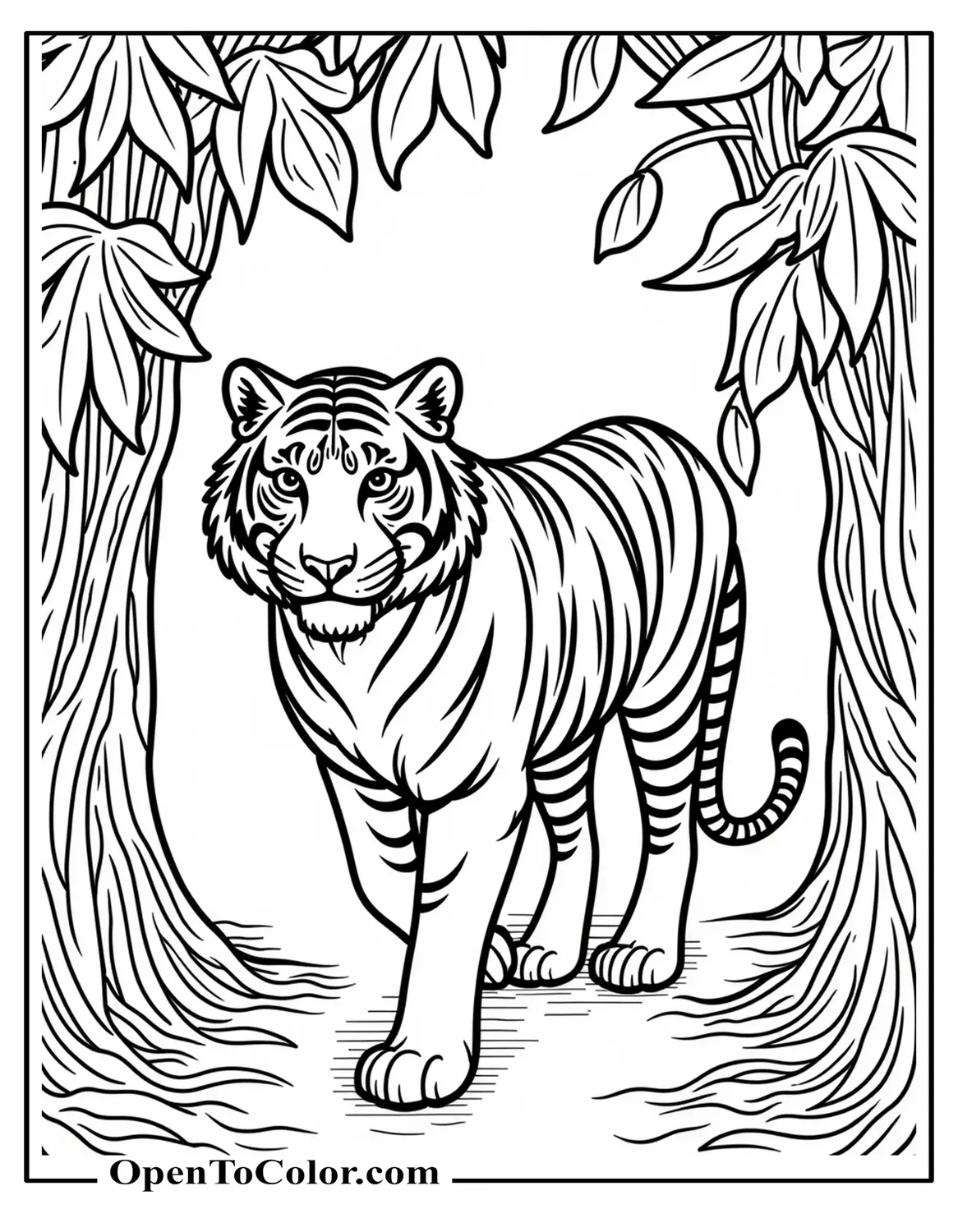 Printable Rainforest Tiger Coloring Page Stepping Under Hanging Vines and Big Leaves