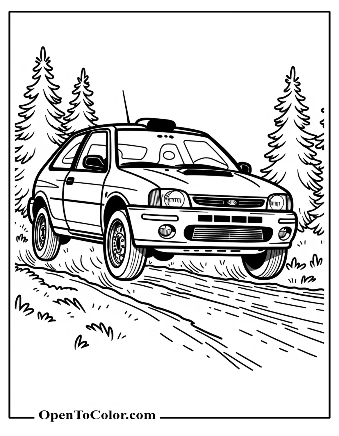 Rally hatchback coloring sheet jumping a crest with pine trees and gravel spray lines PDF