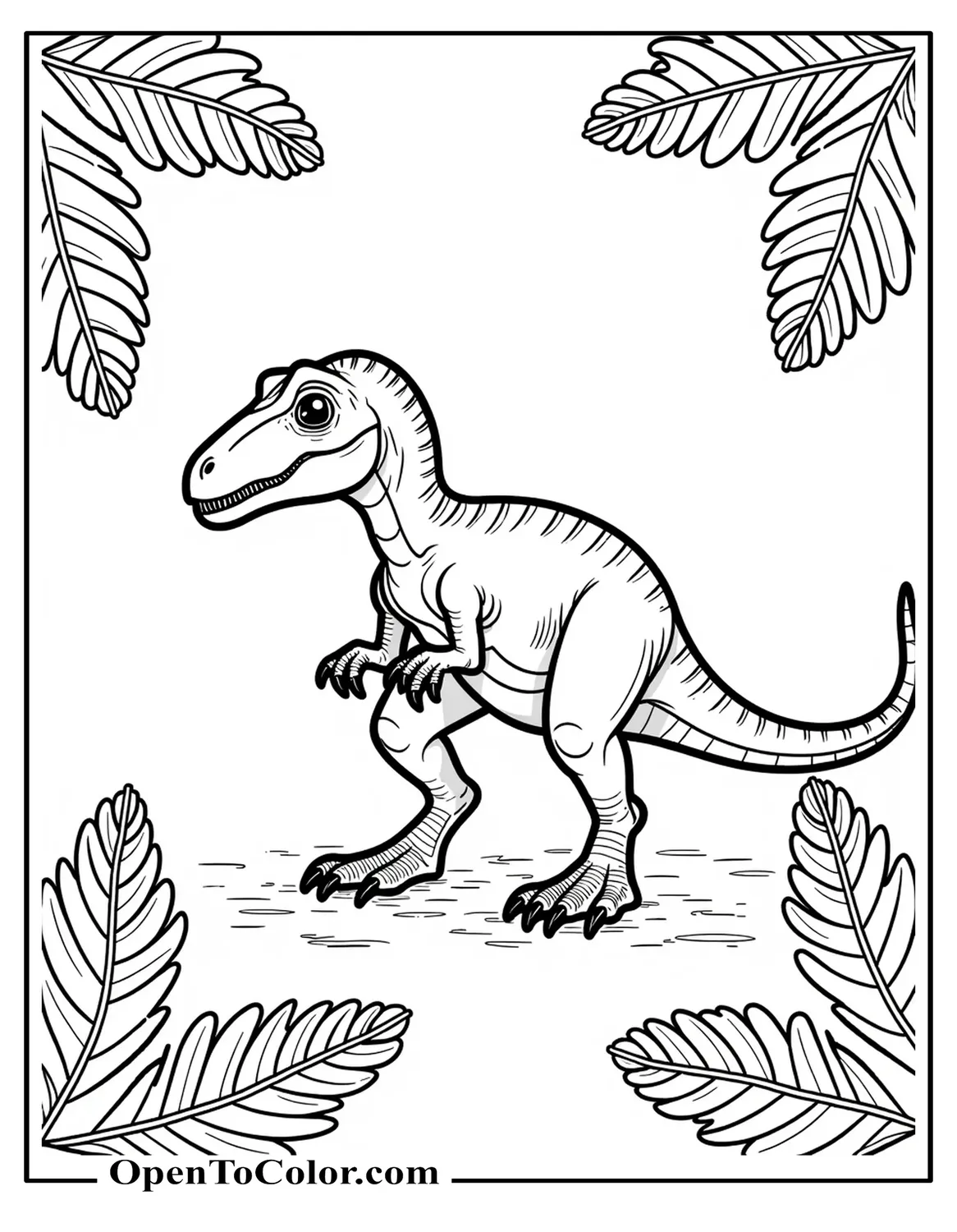 Velociraptor crouched ready to pounce framed by ferns, printable coloring sheet.