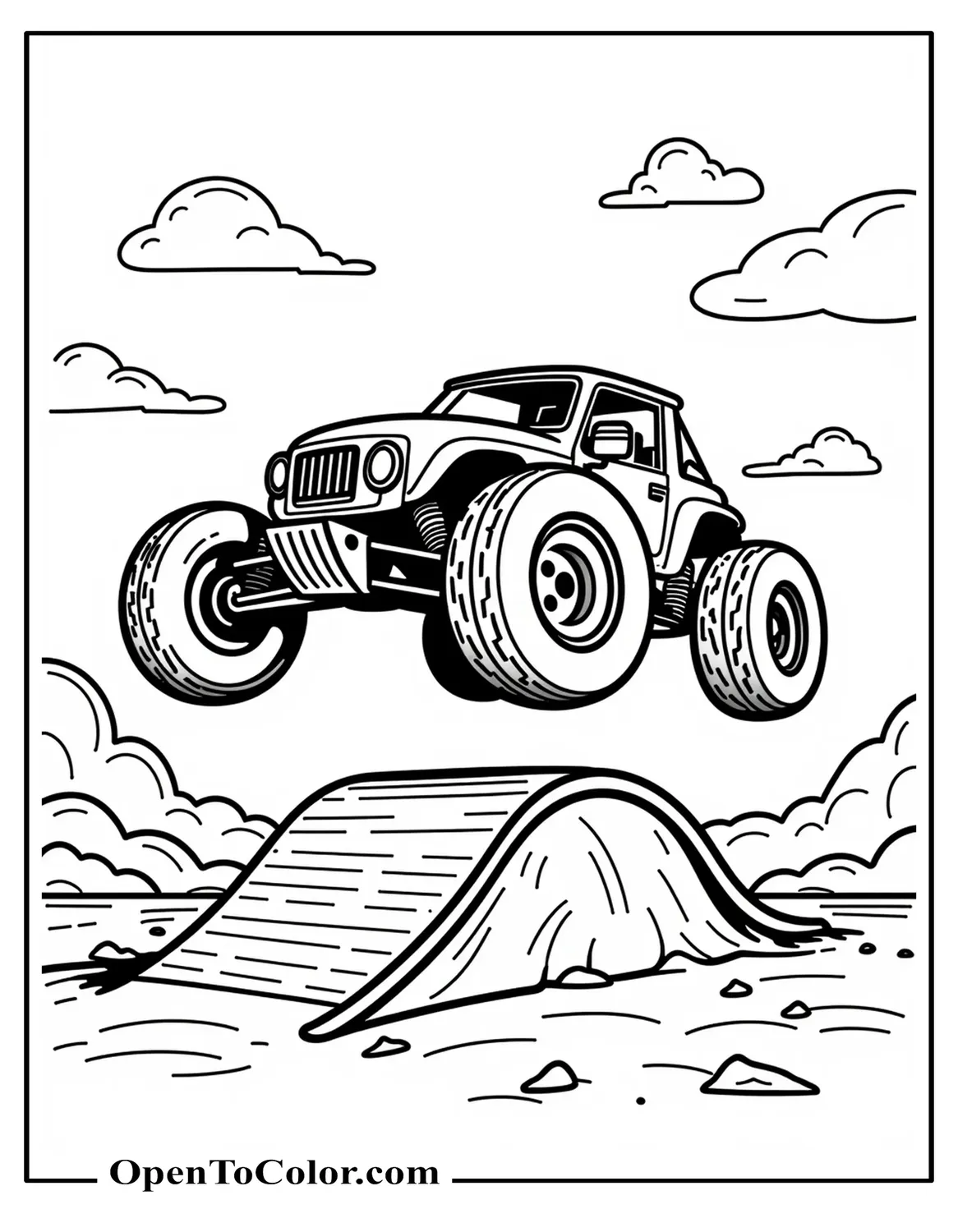 Free Coloring Page of Off-Road RC Buggy Mid-Jump Over a Small Ramp