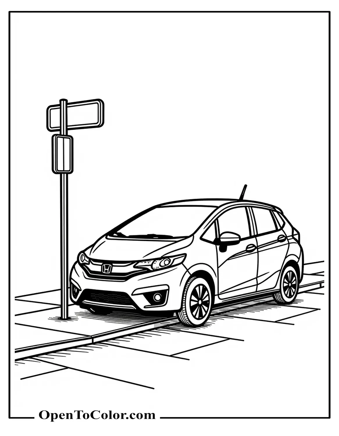 Realistic compact hatchback coloring sheet PDF parked at a curb with a street sign