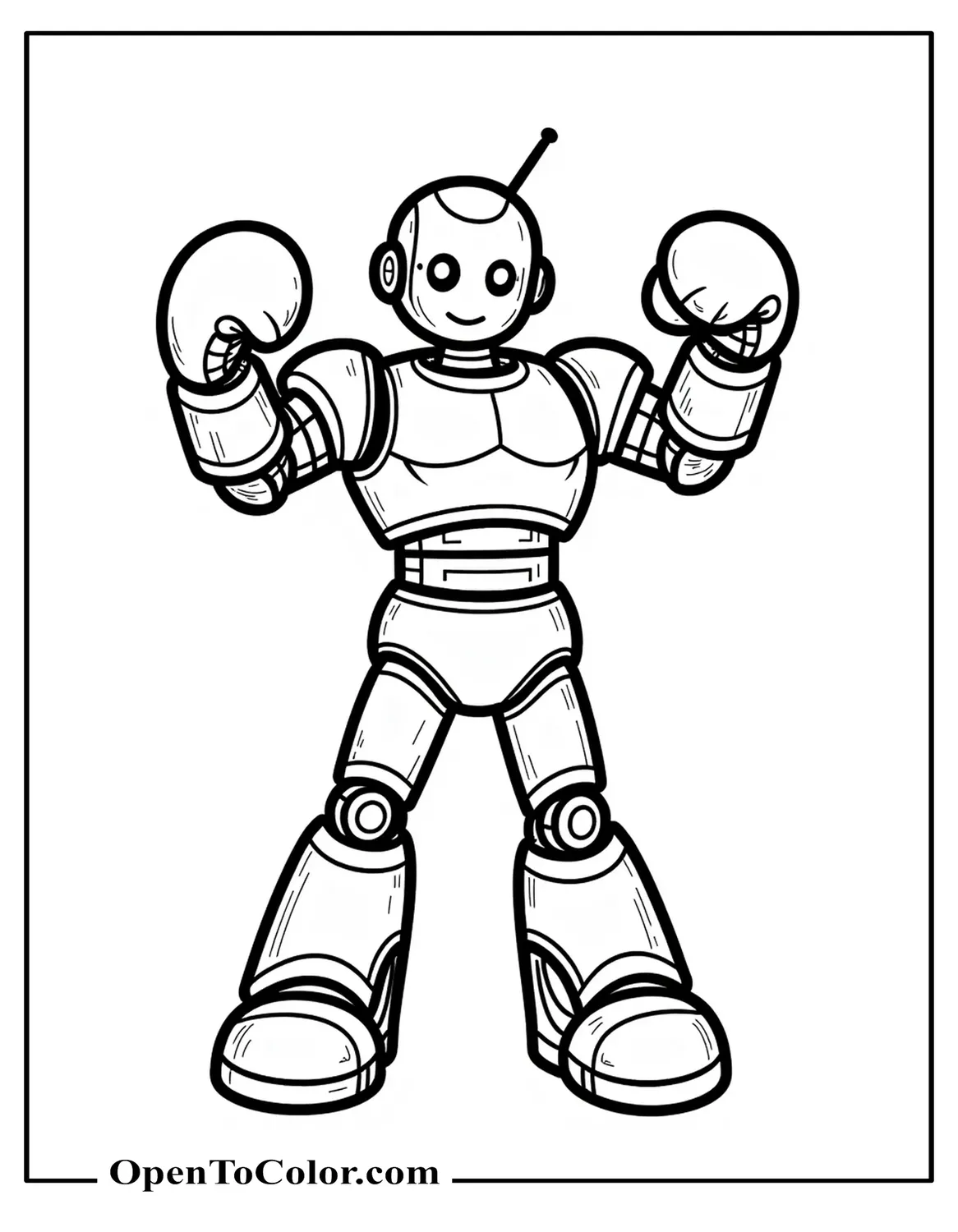 Free Coloring Page of Real-Steel Boxing Robot Posing with Raised Metallic Fists
