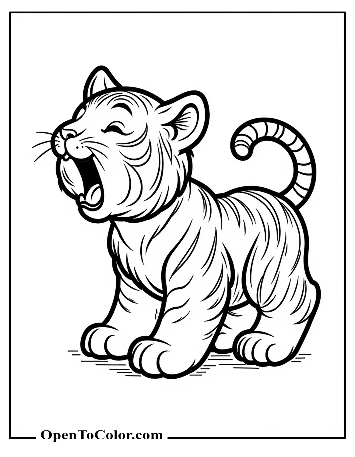 Free Realistic Baby Tiger Yawning Coloring Sheet, Curled Tail, Fine Fur Texture