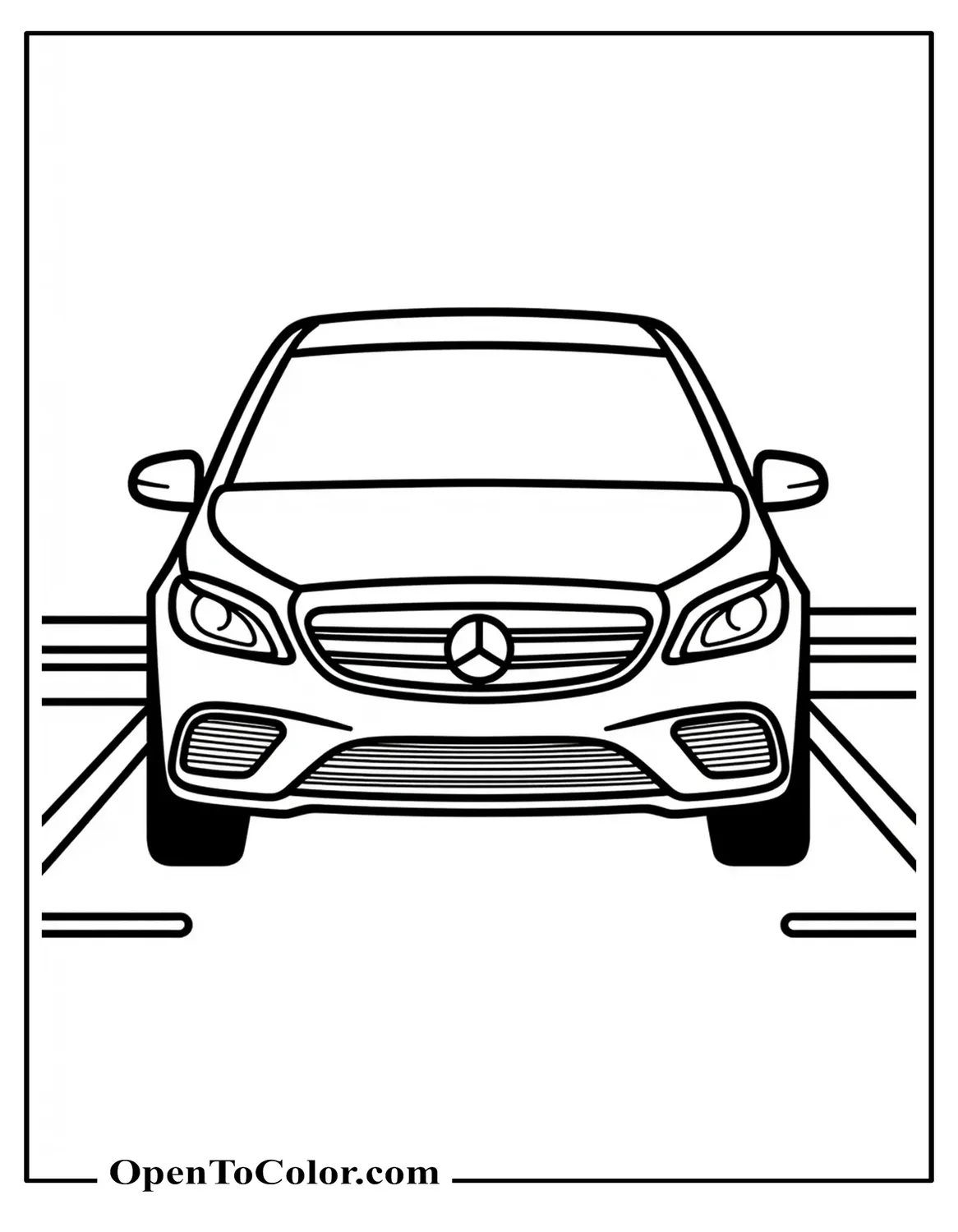 Free Coloring Page of Realistic Modern Sedan Front View in a Parking Lot with Curb and Parking Lines