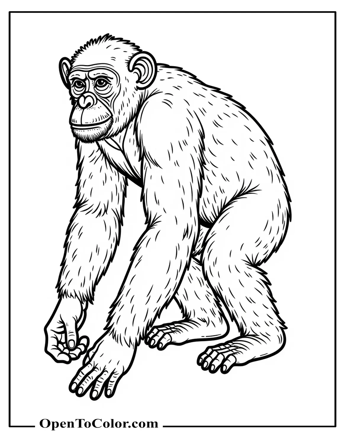 Free Coloring Sheet: Realistic Chimpanzee Knuckle-Walking, Three-Quarter View, Detailed Fur