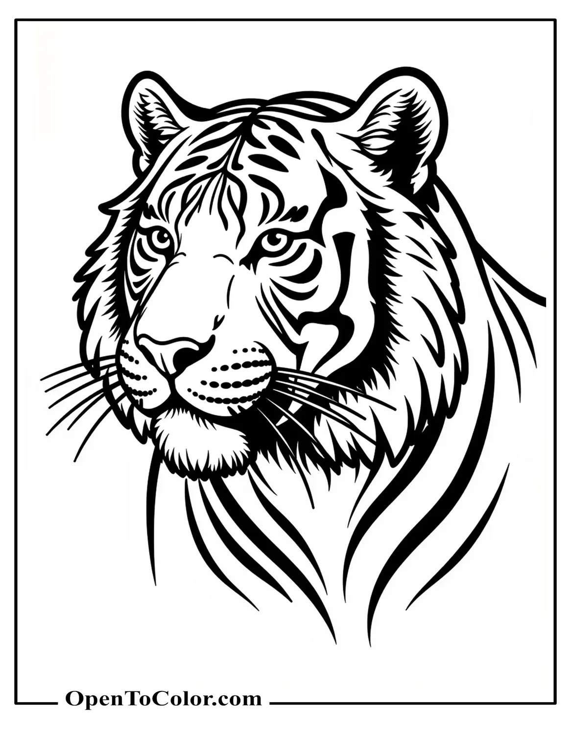 Free Realistic Tiger Face Three-Quarter View Coloring Sheet With Fine Whisker Detail
