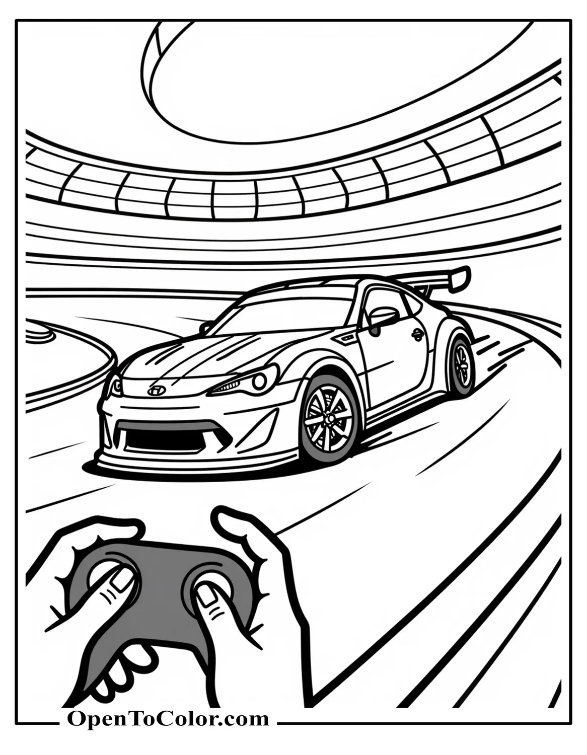 Rc Drift Car Coloring Sheet, Printable, Sliding on an Indoor Track, One Hand Holding a Controller