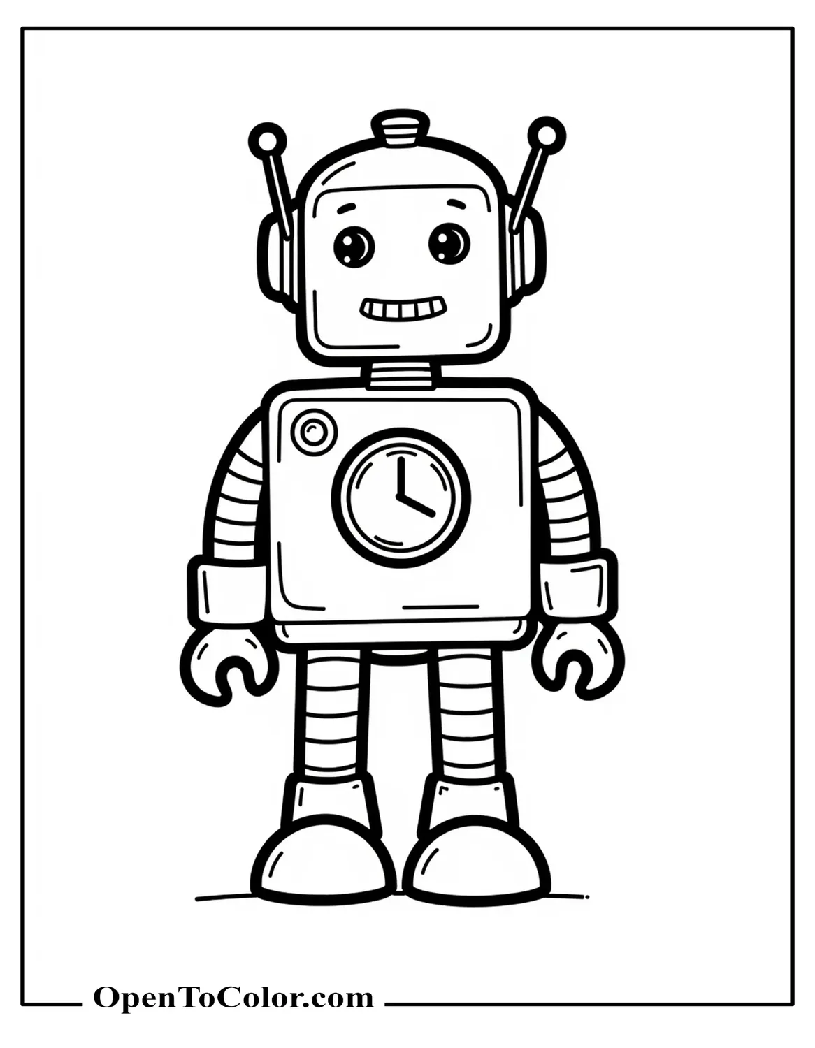 Retro 1950s Robot Coloring Sheet PDF with Dial Chest and Twin Antennae Beeping