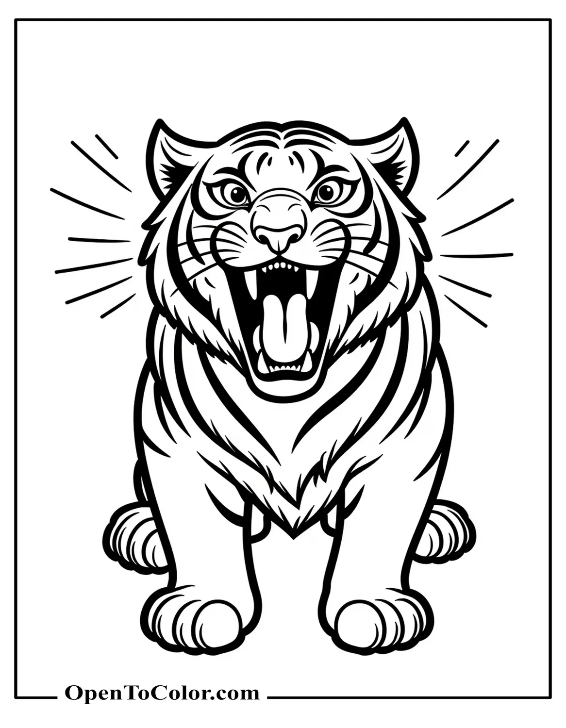 Roaring tiger front view coloring sheet mouth open printable sound lines around