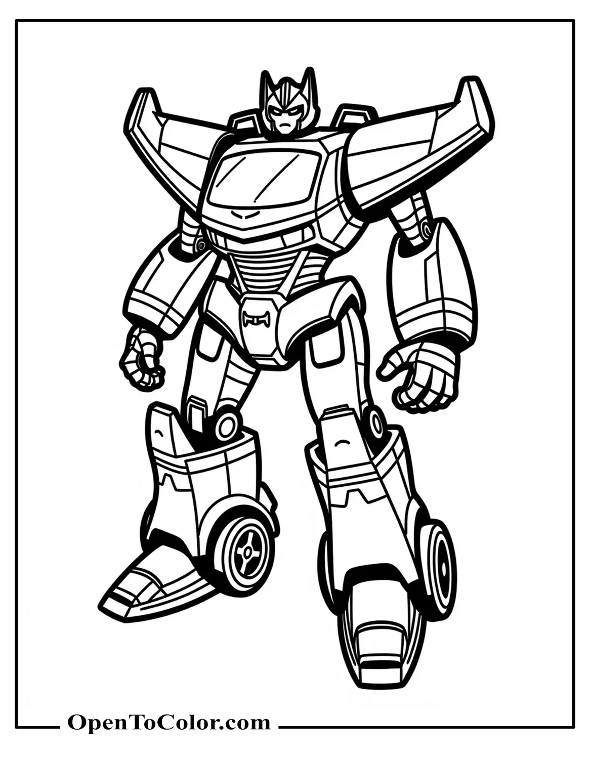 Transforming robot car mid-turn showing wheels folding into legs, printable coloring sheet.