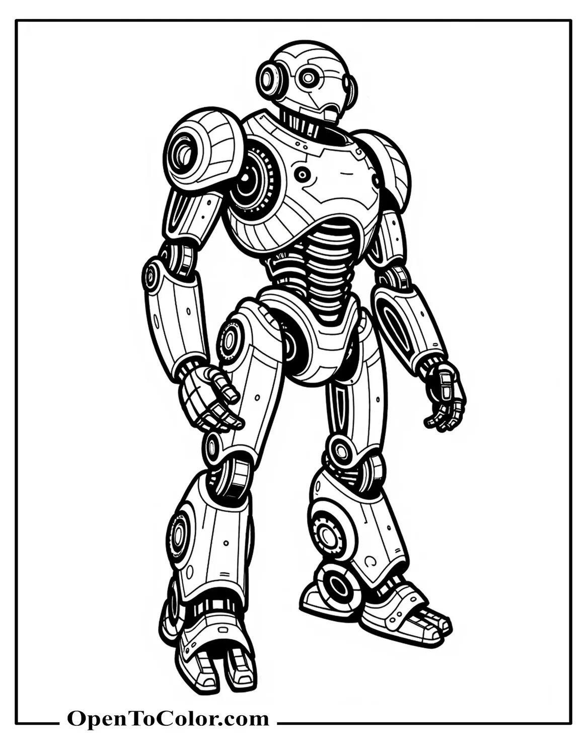 Intricate adult-level robot coloring sheet with exposed gears and pistons, PDF