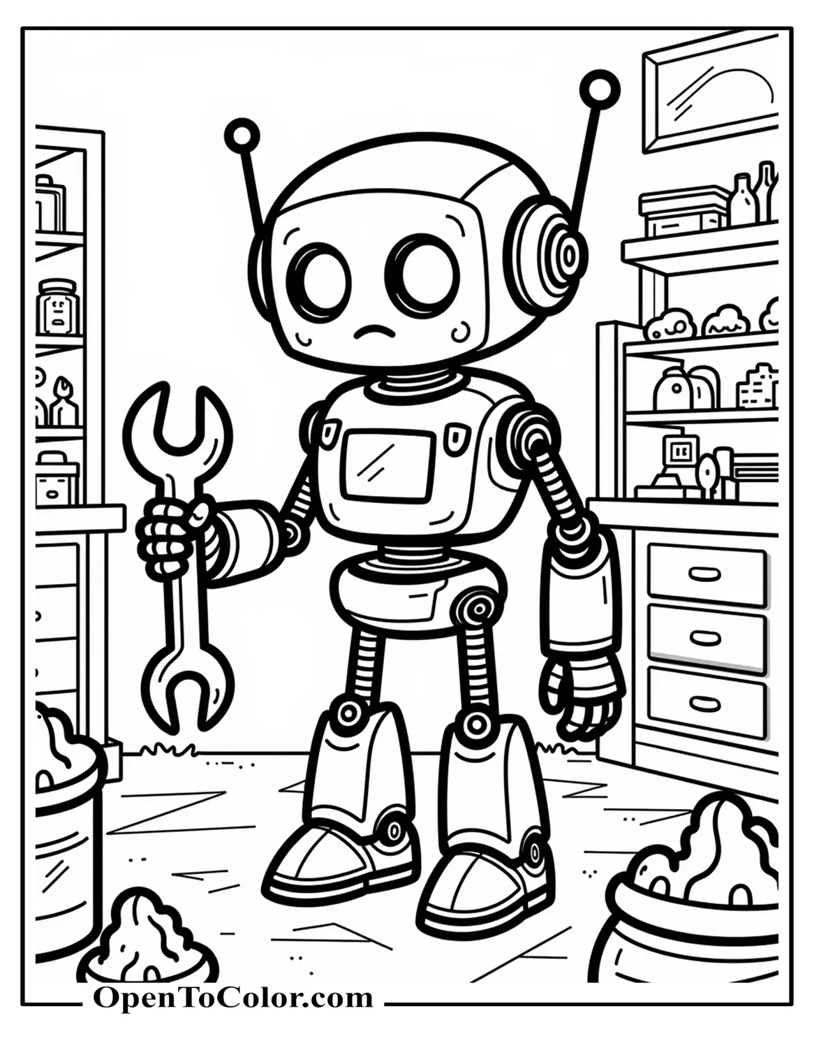 Robot Standing In A Cluttered Workshop Holding A Wrench Coloring Page PDF