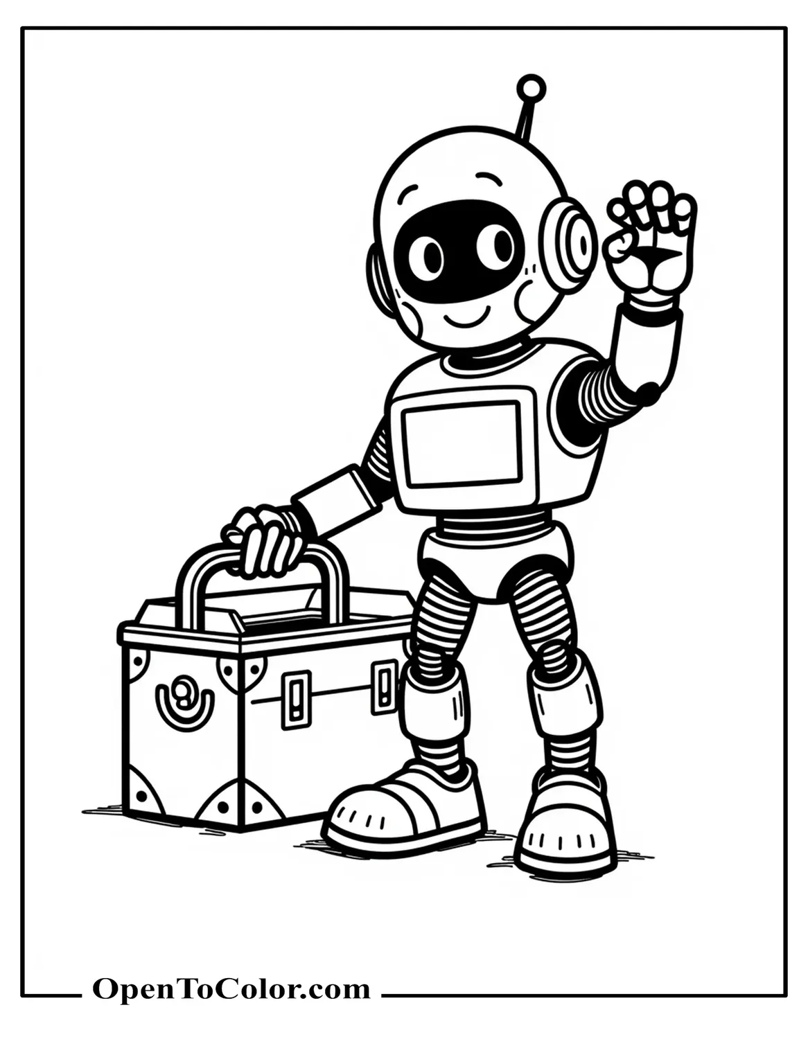 Free Coloring Page of Basic Service Robot Waving Beside an Open Toolbox