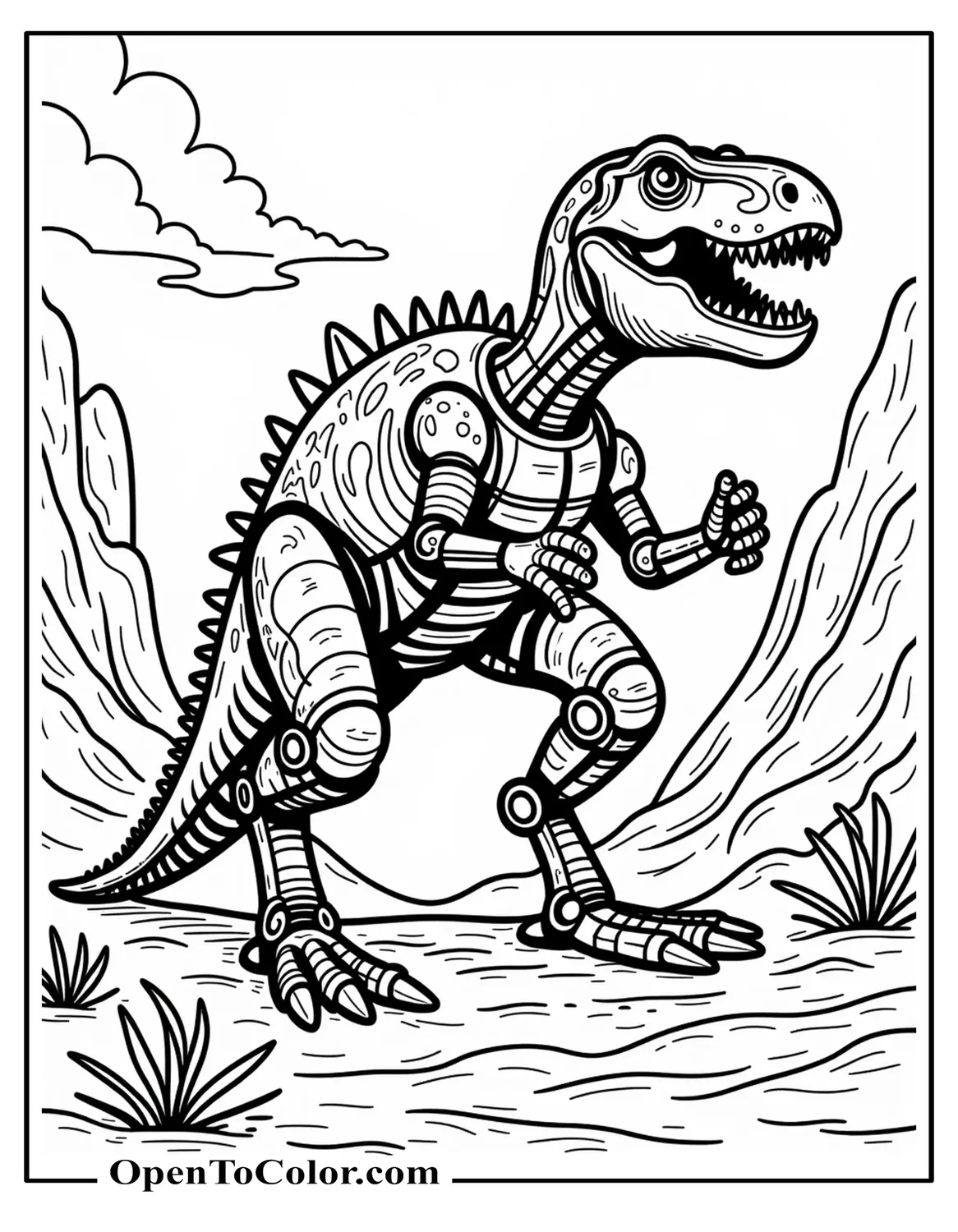 Free Coloring Page of a Mechanical Raptor with Gears and Panels Against a Tech Grid Background