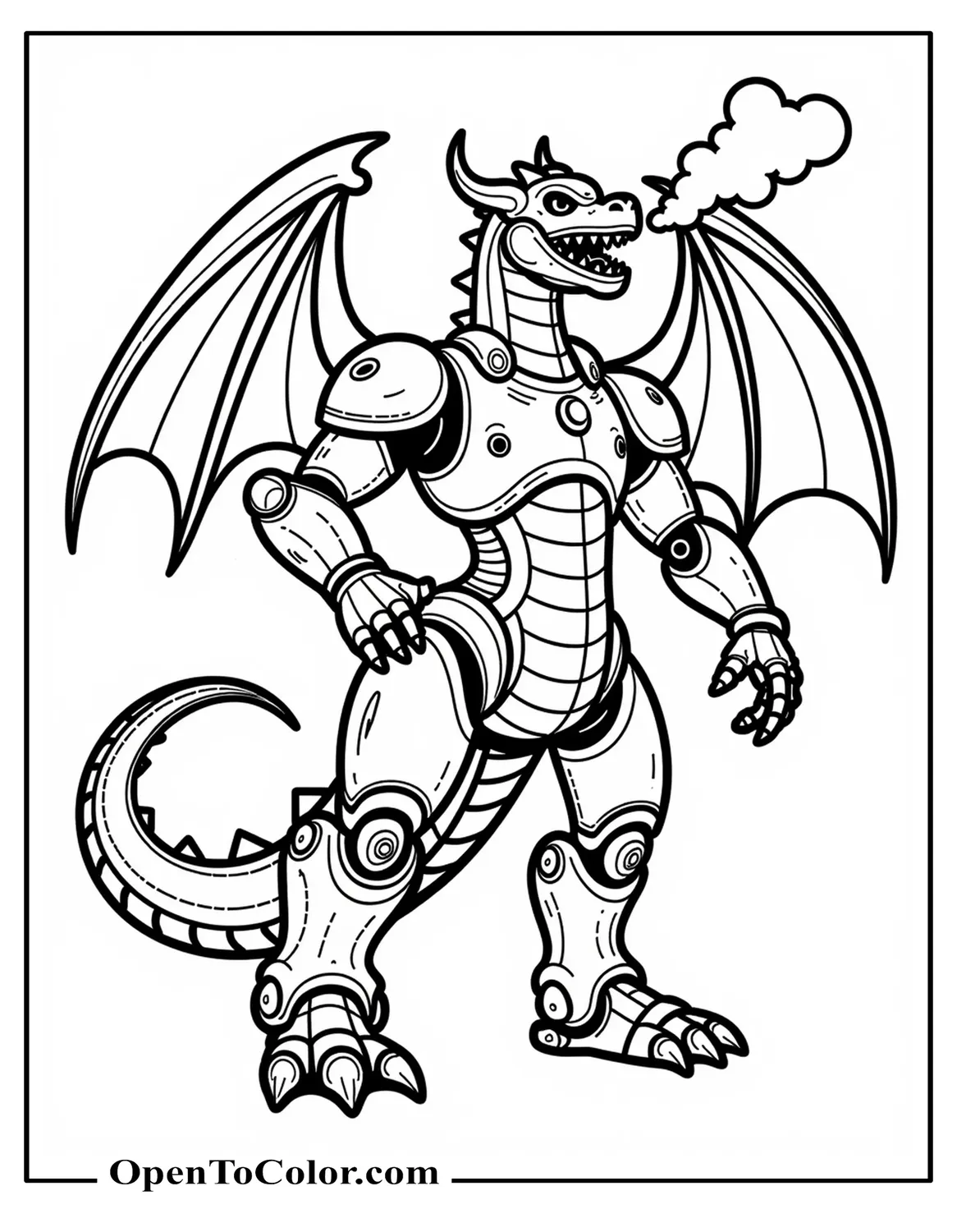 Free Coloring Page of Dragon-Shaped Robot Unfurling Metal Wings and Breathing Steam