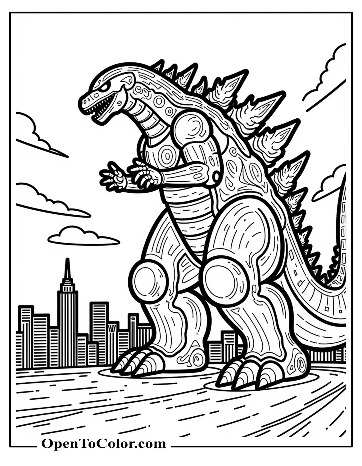 Towering Robot-Godzilla Roaring Over A Tiny City Skyline Coloring Page PDF