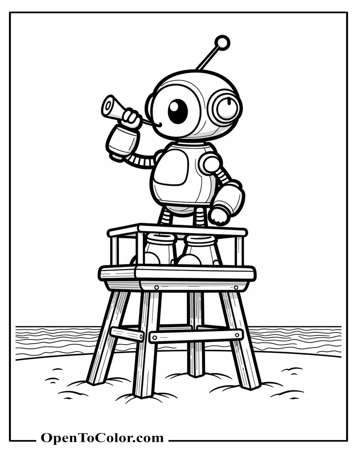 Printable Coloring Page of a Robot Lifeguard Atop a Beach Tower Blowing a Whistle