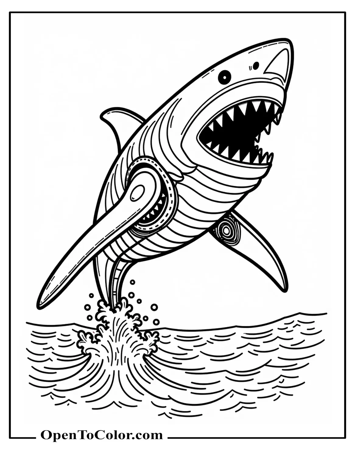 Free Coloring Page of Sleek Robot Shark Gliding Through Waves With Open Jaws