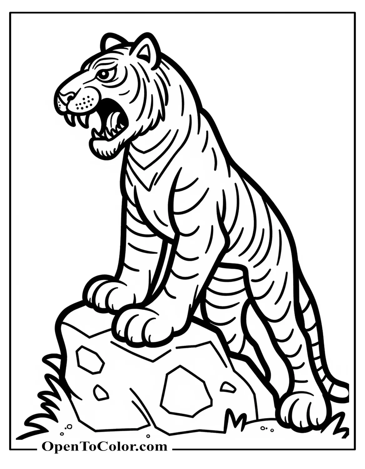 Free Coloring Page of Saber Tooth Tiger Standing on a Boulder, Long Curved Fangs Visible