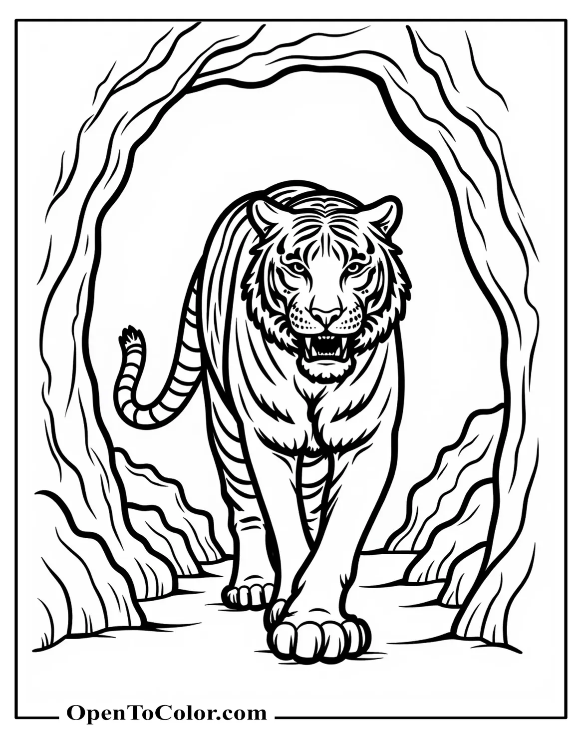 Sabre Tooth Tiger Coloring Page, Printable, Walking Through Rocky Cave Entrance, Fangs Shown