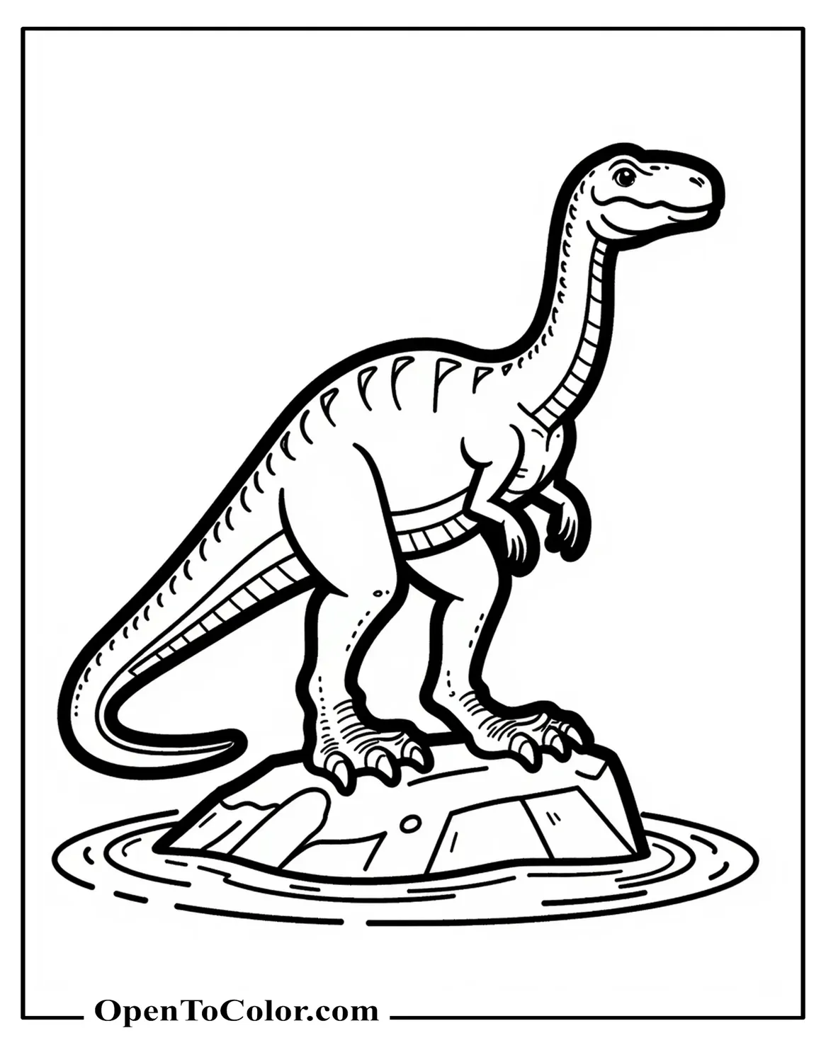 Printable Realistic Spinosaurus Coloring Page Standing on Rock Above Shallow Water