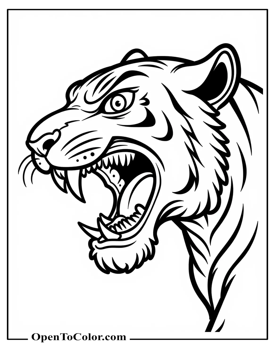 Scary Saber Tooth Tiger Coloring Page PDF Roaring Side View With Big Fangs But Friendly Eyes