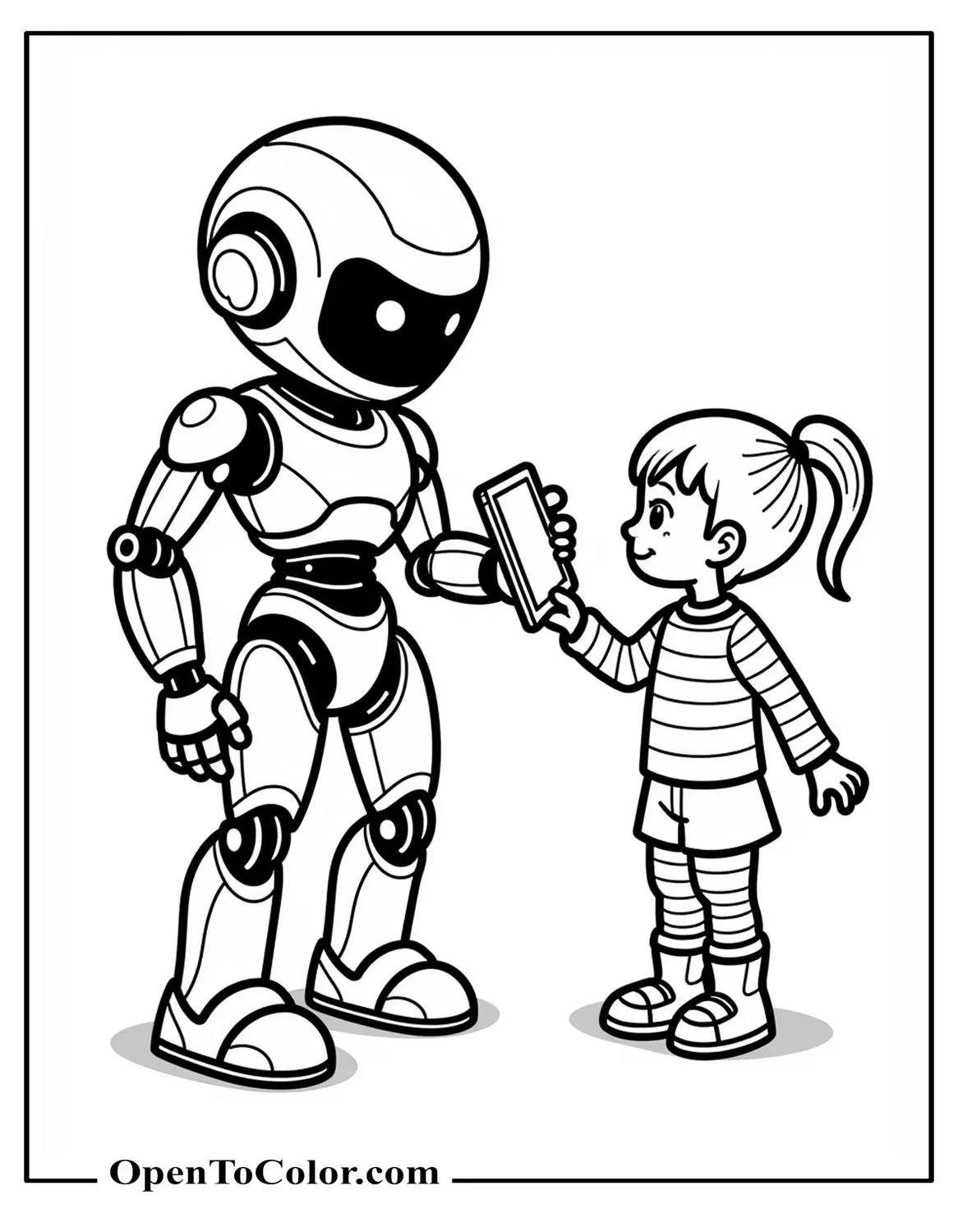Free Sci-Fi Kid-Friendly Robot Handing A Tablet To A Child Coloring Page