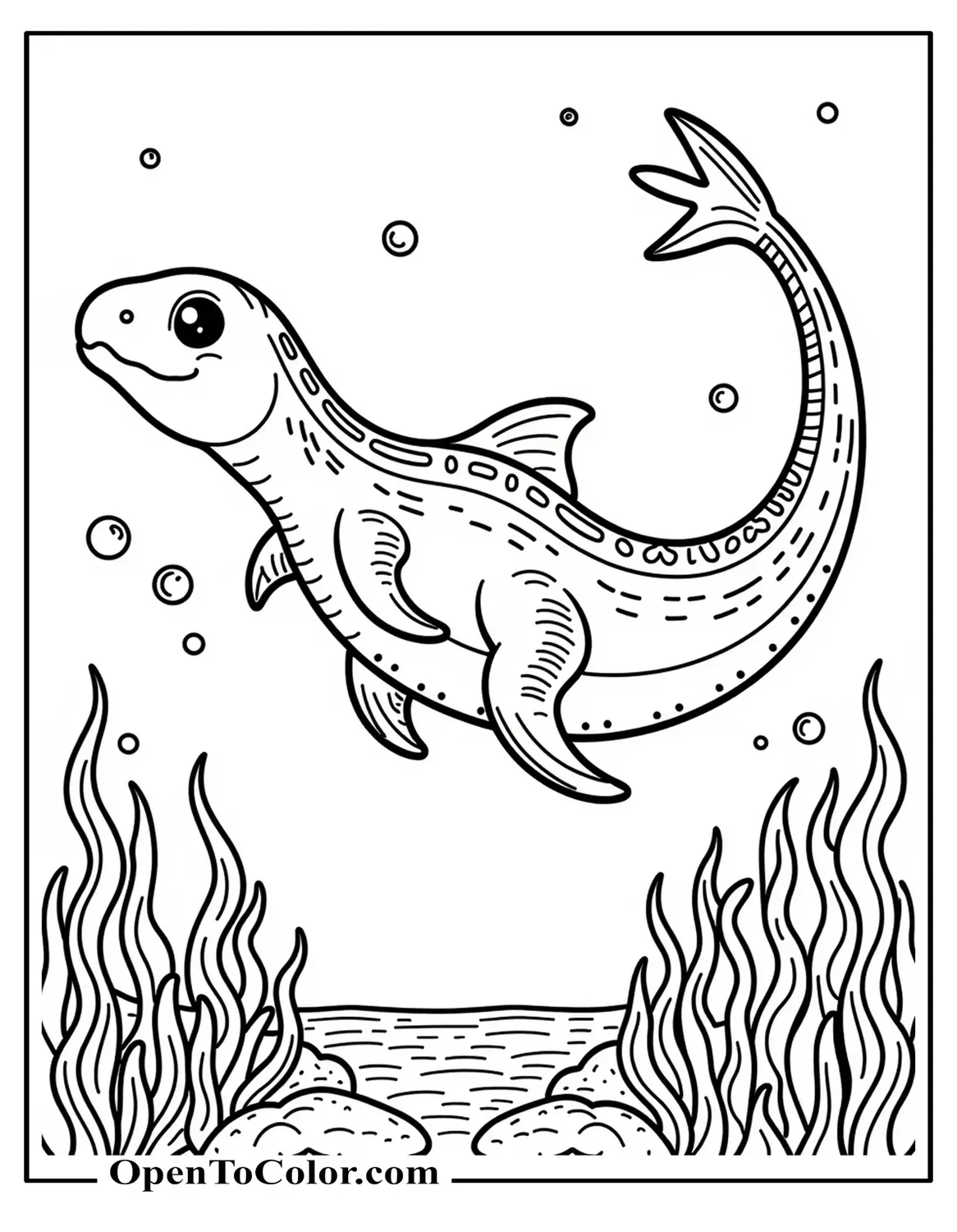 Free Coloring Page of Ichthyosaur Swimming Past Seaweed and Bubbles
