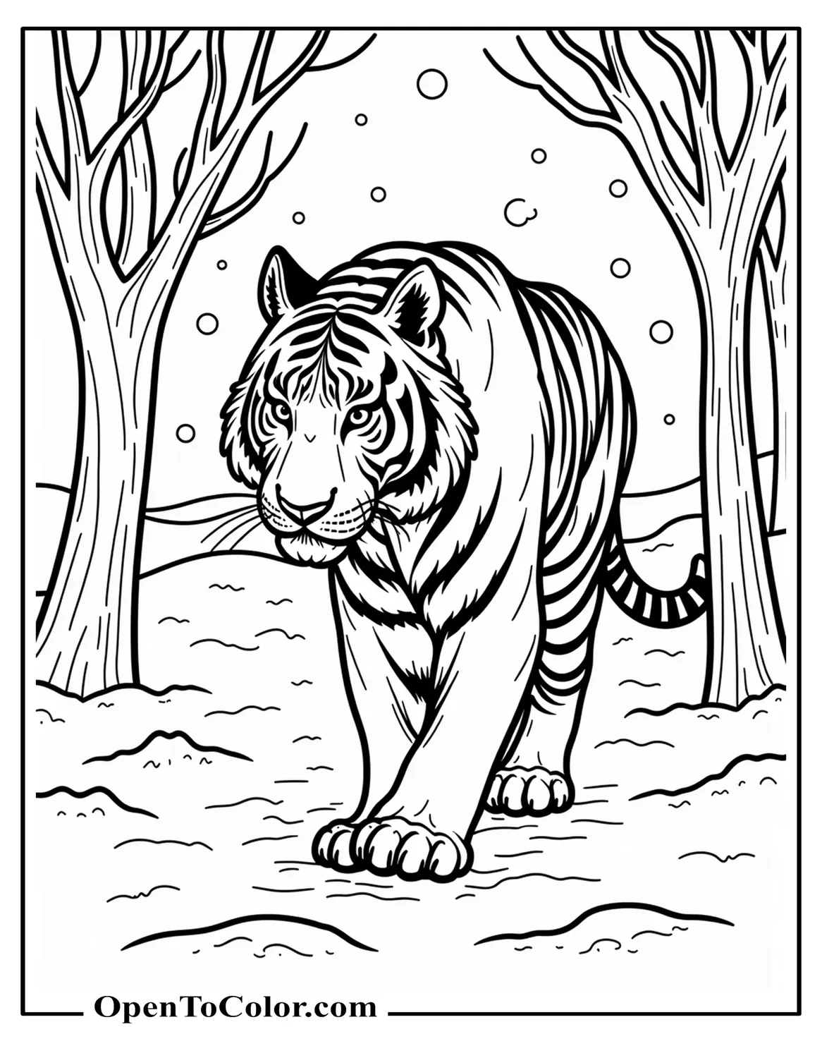 Siberian Tiger Coloring Page PDF Walking Through Snow With Bare Trees And Breath Puff