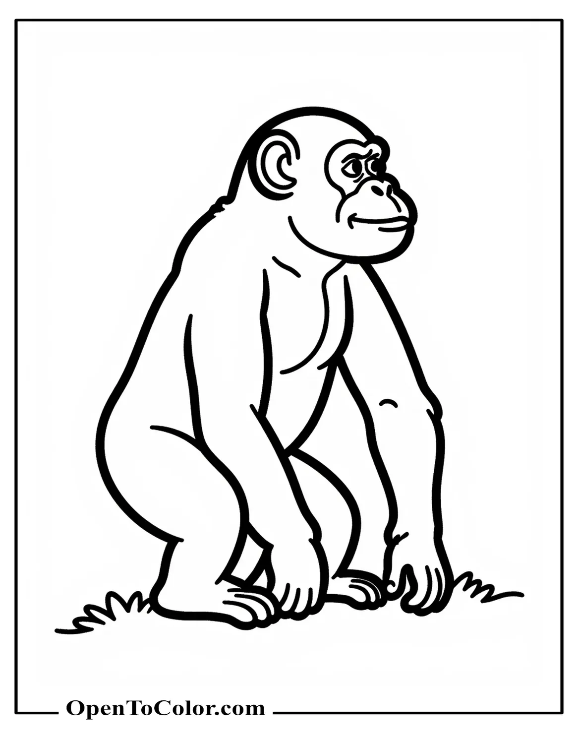 Simple outline chimpanzee coloring sheet, printable, standing in profile, single ground line