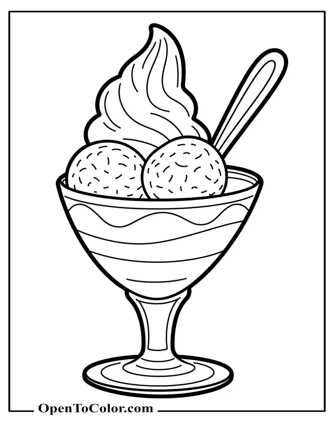 A simple ice cream sundae in a glass dish with one spoon resting beside it, spacious shapes for quick coloring, printable coloring sheet.