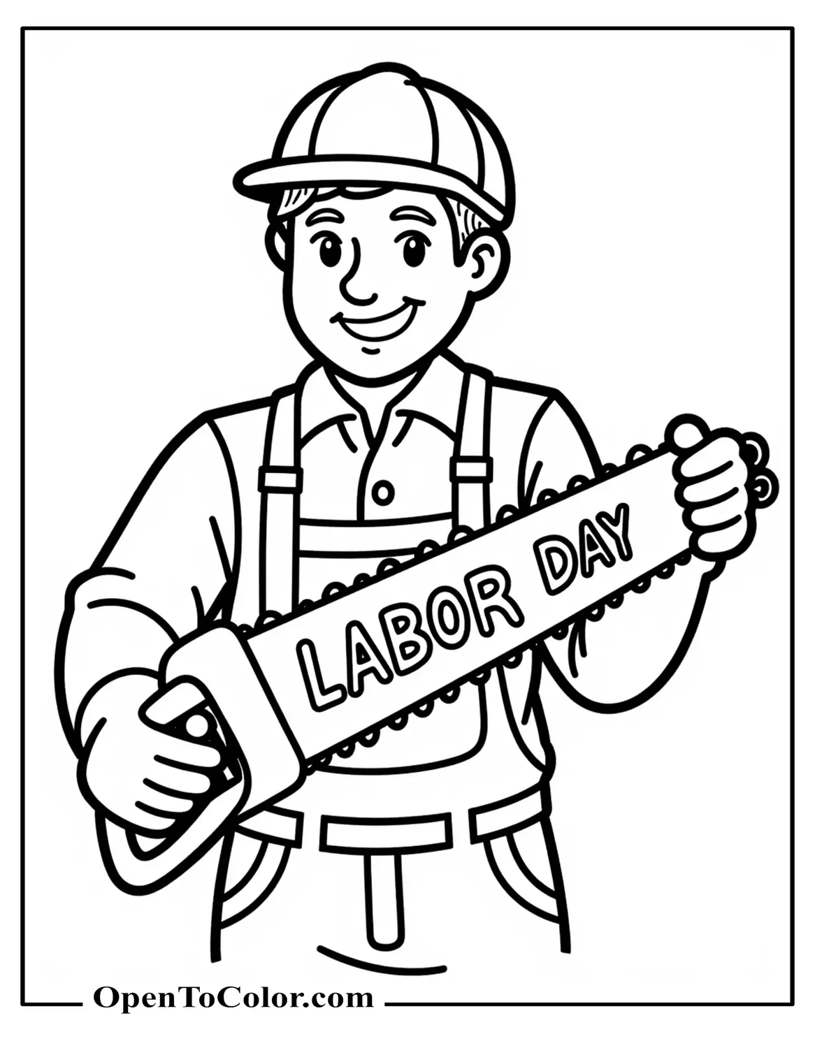 Smiling Carpenter Holding A Big Saw Etched With “Labor Day” Coloring Page PDF